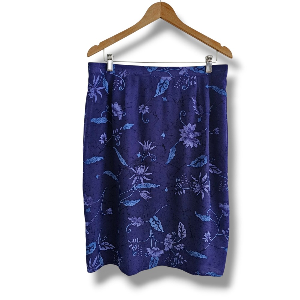 Vintage 100% Silk Midi Skirt 16 Purple Blue Dark Floral Pencil Whimsigoth 90s 00